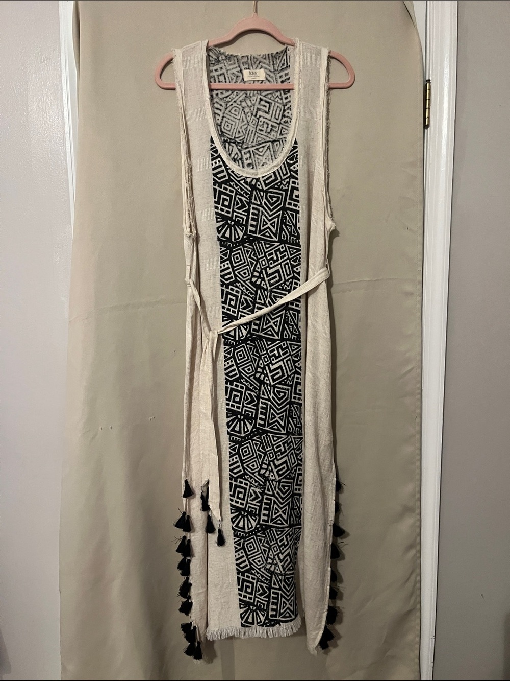 iKiKIZ Boho Black & Cream Geometric Maxi Dress with Tassels
